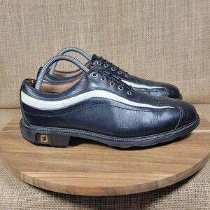 FootJoy ICON Golf Shoes Black Leather White Stripe Spikes Mens Size‎ 7.5 M